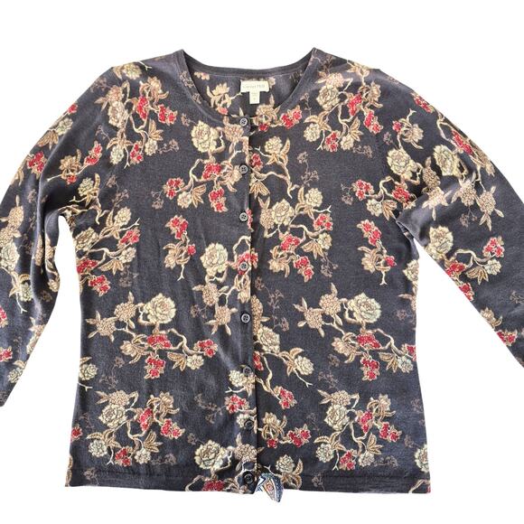 Garnet Hill Wool Cardigan Sweater Med Gray Red Floral Lightweight Layering Lux - Picture 8 of 11